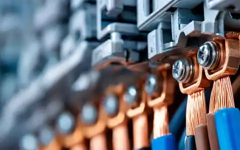 Makroaufnahme zeigt Kupferkabel und Anschlussklemmen, passend zu Spie SA, ISIN FR0012757854, Spezialist fuer elektrotechnische Dienstleistungen - Foto: THN