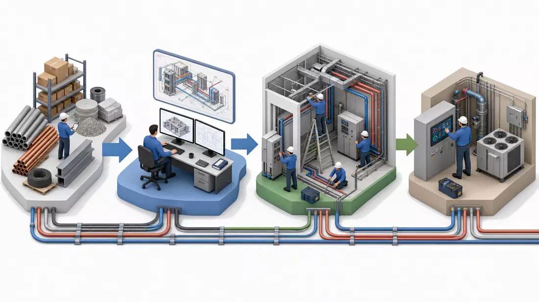 Isometrisches 3D-Diagramm einer technischen Dienstleistungs-Wertschöpfungskette
