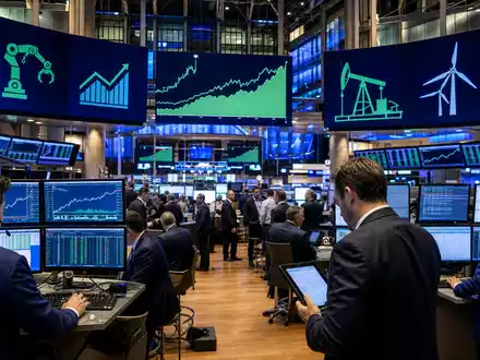 Boersen-Editorial zeigt Handelssaal mit Kurscharts, thematisch verbunden mit Spie SA, ISIN FR0012757854, gelistet im Industriedienstleistungssektor - Foto: THN