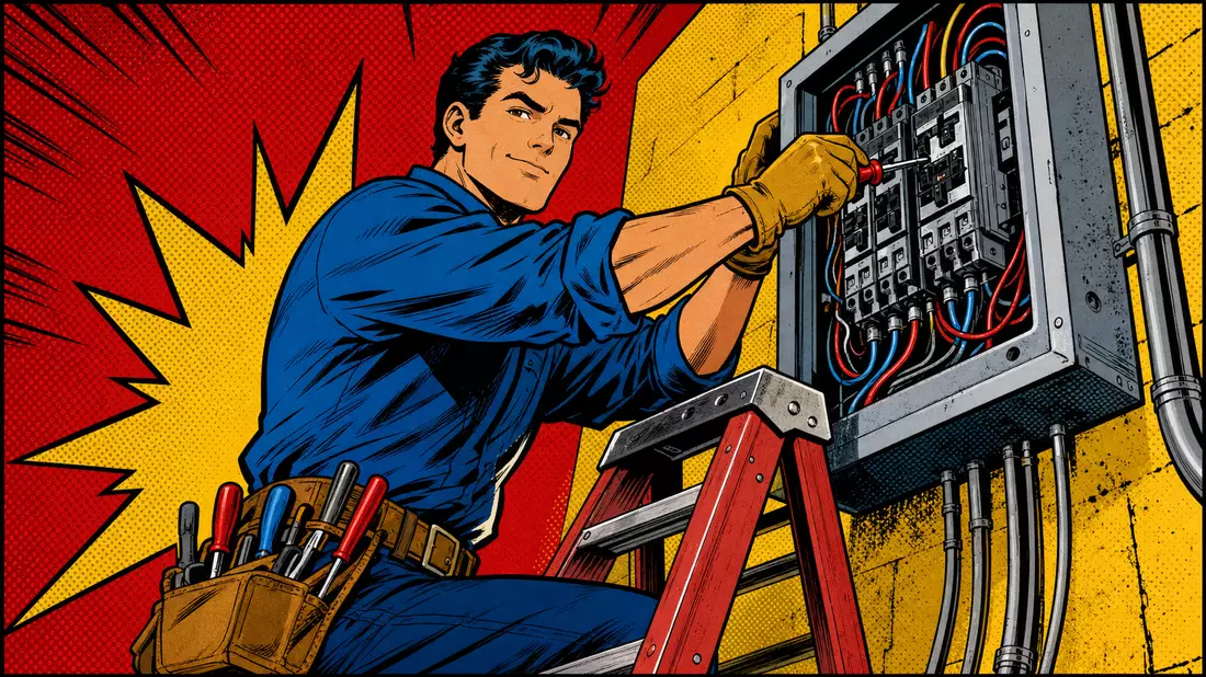 Pop-Art-Comic zeigt Techniker bei Reparatur einer Elektroanlage