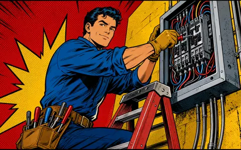Pop-Art-Comic-Szene stellt farbenfrohen Techniker dar, inspiriert von Spie SA, ISIN FR0012757854, Anbieter multitechnischer Ingenieurdienstleistungen - Foto: THN