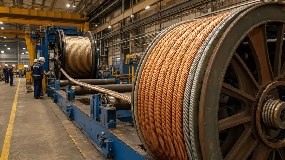 Fotorealistische Aufnahme einer Kabelfabrik mit großen Spulen Hochspannungskabel