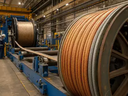 Fotorealistische Kabelfabrik zeigt Nexans S.A. FR0000044448 mit riesigen Spulen frisch gewickelter Hochspannungskabel in Produktionshalle - Foto: THN