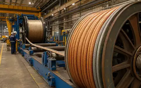 Fotorealistische Kabelfabrik zeigt Nexans S.A. FR0000044448 mit riesigen Spulen frisch gewickelter Hochspannungskabel in Produktionshalle - Foto: THN