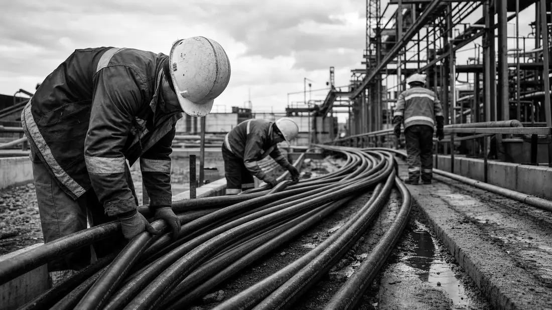 Schwarzweiß-Dokumentarfoto von Arbeitern bei der Kabelverlegung auf Industriegelände
