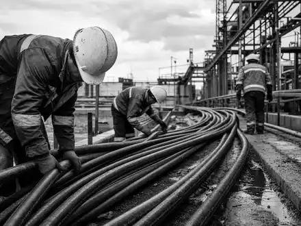 Schwarzweiß-Reportagefoto dokumentiert Arbeiter beim Verlegen dicker Stromkabel, passend zu Nexans S.A. FR0000044448 im Elektroausrüstungssektor - Foto: THN