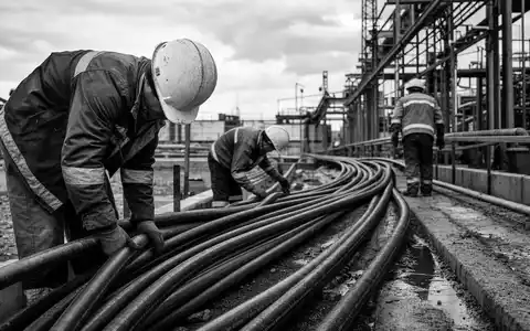 Schwarzweiß-Reportagefoto dokumentiert Arbeiter beim Verlegen dicker Stromkabel, passend zu Nexans S.A. FR0000044448 im Elektroausrüstungssektor - Foto: THN