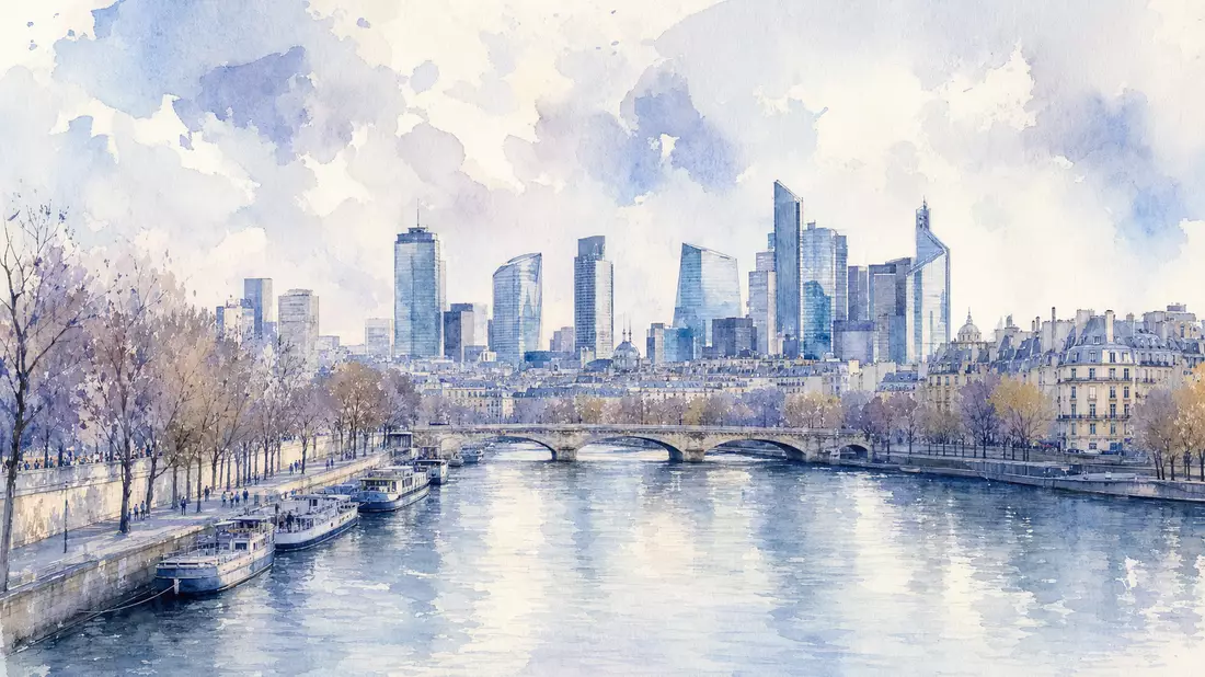 Aquarellillustration der Pariser Skyline mit modernen Bürotürmen an der Seine