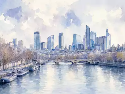 Aquarellmalerei der Pariser Skyline symbolisiert den Hauptsitz von Nexans S.A. FR0000044448 in Frankreich - Foto: THN