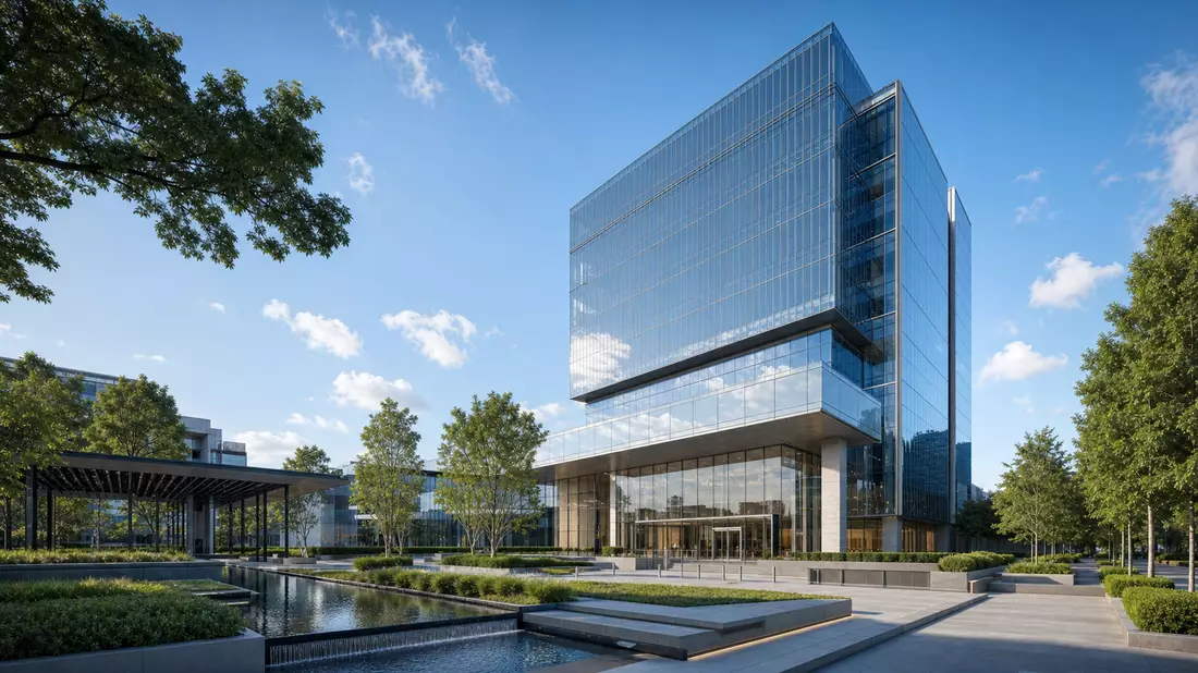 3D-Architekturrender eines modernen gläsernen Firmensitzes mit Vorplatz