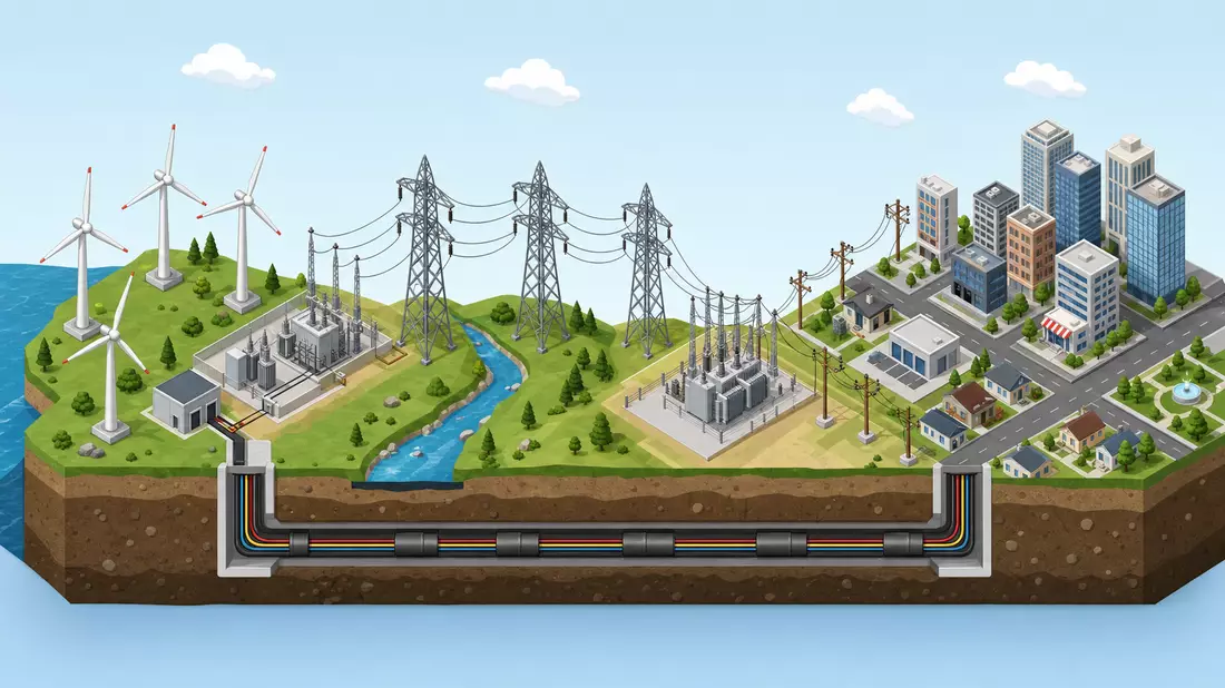 Isometrische Illustration der Stromwertschöpfungskette von Windkraft bis Stadtverteilung