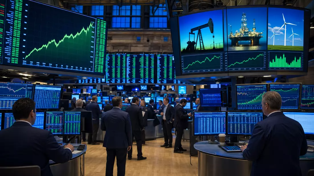 Editorialfoto eines Trading-Floors mit großen Bildschirmen und Energiesektor-Charts