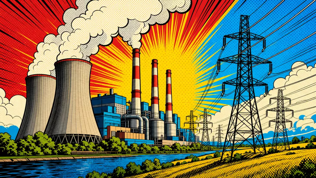 Pop-Art-Comic-Illustration eines Kraftwerks mit Strommasten und leuchtenden Farben