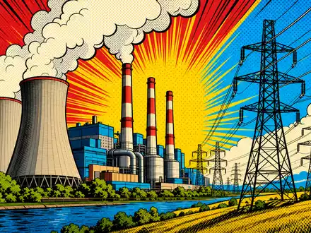Pop-Art-Comic mit Kraftwerk und Strommasten stellt farbenfroh die Elektrifizierungswelt von Nexans S.A. FR0000044448 dar - Foto: THN