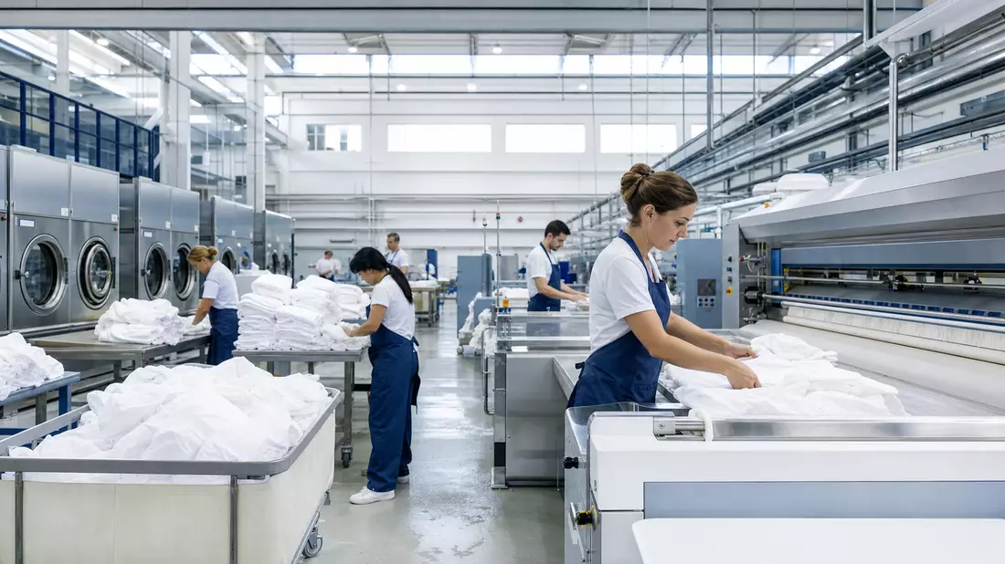 Fotorealistische Industriewäscherei mit Textilien, Personal und Waschmaschinen in heller Halle