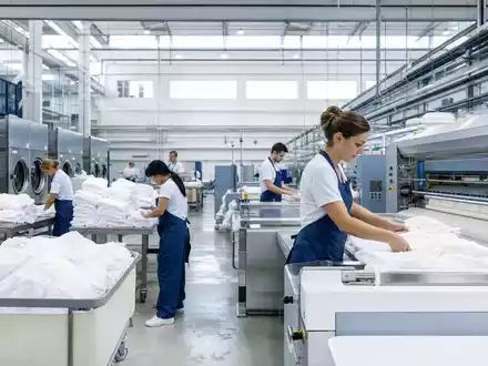 Elis SA FR0010585832 zeigt fotorealistisch moderne Industriewäscherei mit Beschäftigten beim Sortieren frischer Textilien - Foto: THN