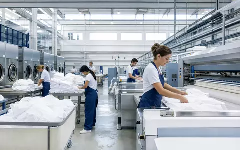Elis SA FR0010585832 zeigt fotorealistisch moderne Industriewäscherei mit Beschäftigten beim Sortieren frischer Textilien - Foto: THN
