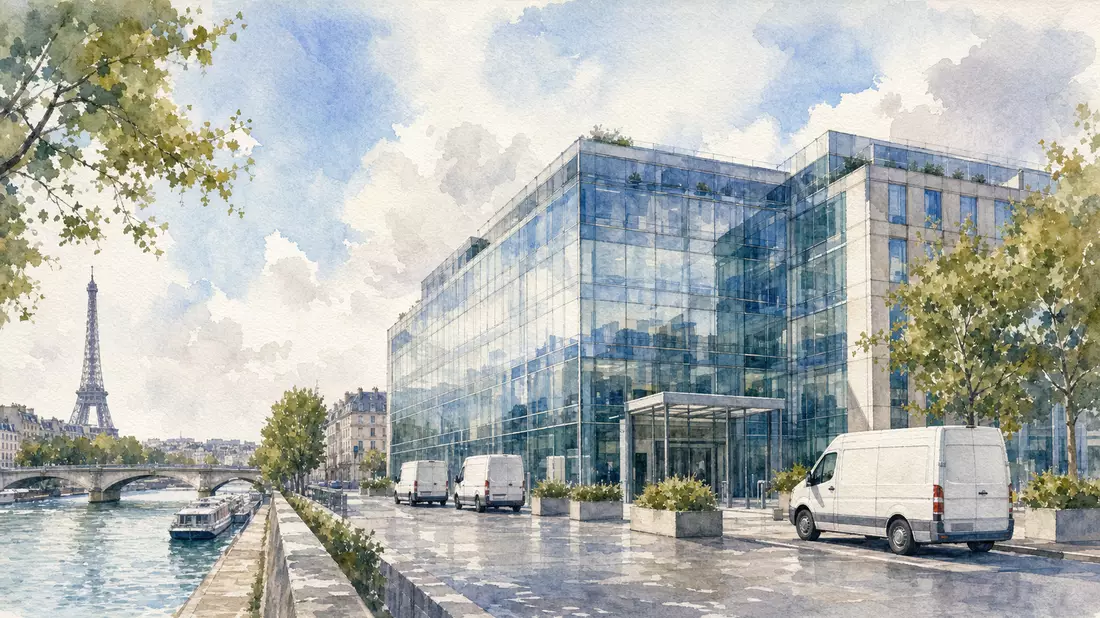 Aquarellmalerei eines Bürogebäudes mit Lieferwagen an der Seine in Paris
