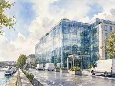 Elis SA FR0010585832 im Aquarellstil dargestellt mit Firmensitz-Gebäude und Lieferfahrzeugen nahe Paris - Foto: THN
