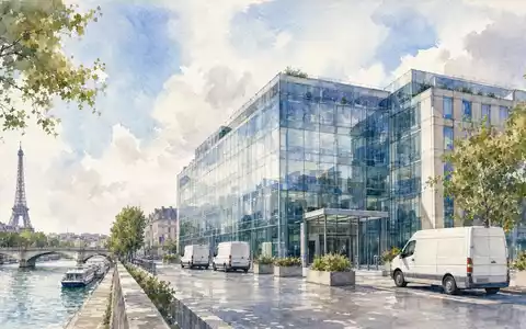 Elis SA FR0010585832 im Aquarellstil dargestellt mit Firmensitz-Gebäude und Lieferfahrzeugen nahe Paris - Foto: THN