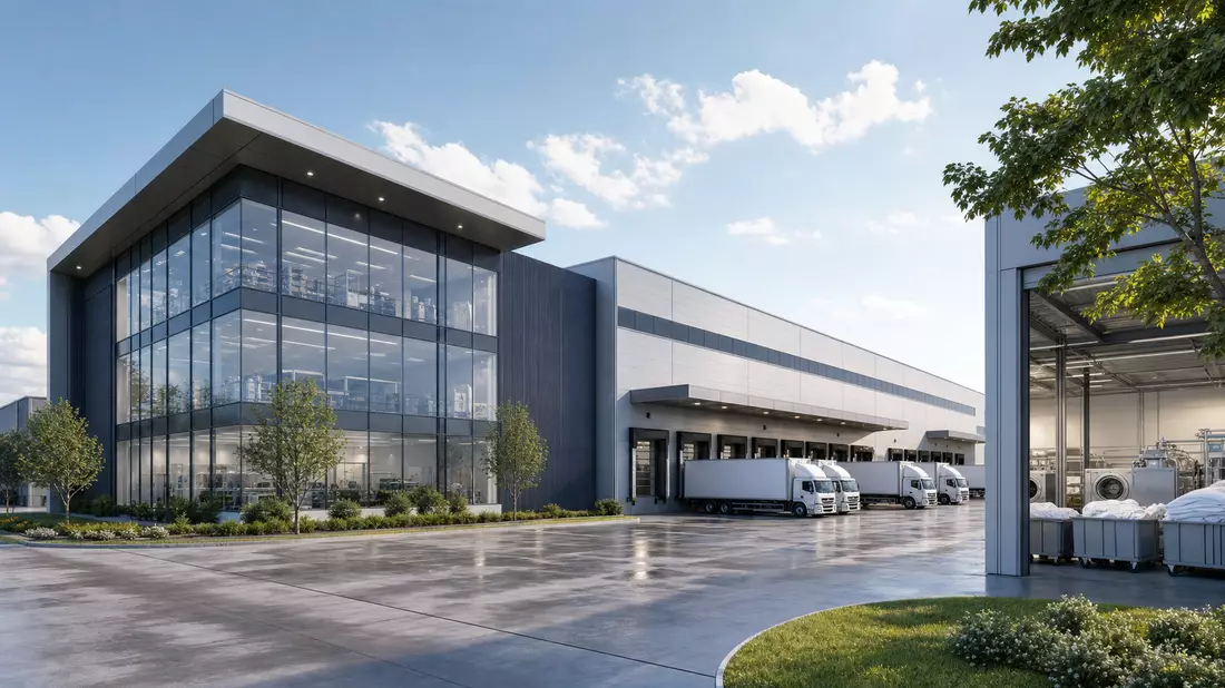 3D-Architekturrender einer Logistik- und Wäschereianlage mit Laderampen und Lastwagen
