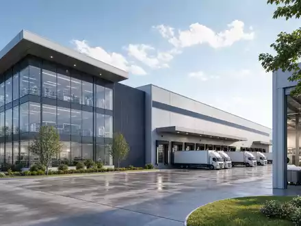 Elis SA FR0010585832 visualisiert als Architektur-Render einer modernen Logistik- und Wäschereianlage mit Lastwagen - Foto: THN