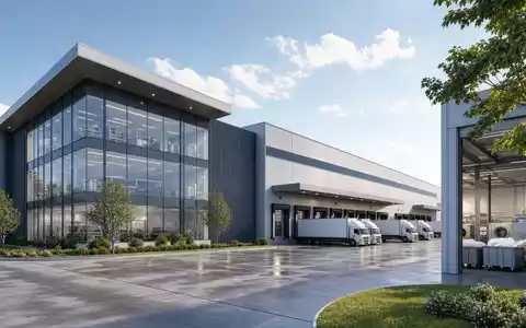 Elis SA FR0010585832 visualisiert als Architektur-Render einer modernen Logistik- und Wäschereianlage mit Lastwagen - Foto: THN