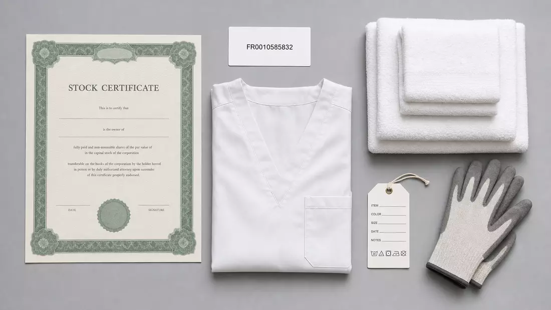 Flatlay mit Aktienzertifikat, ISIN-Karte, Berufskleidung und gefalteten Handtüchern