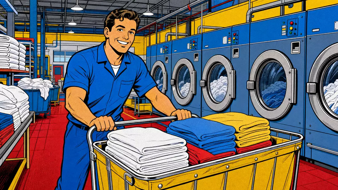 Pop-Art-Comic mit lächelndem Wäschereimitarbeiter und Wagen voller gefalteter Wäsche