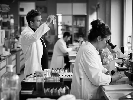 Dokumentarische Schwarzweiß-Reportage über Virbac S.A., Aktie FR0000031577, zeigt ein modernes Labor der Tiergesundheitsbranche - Foto: THN