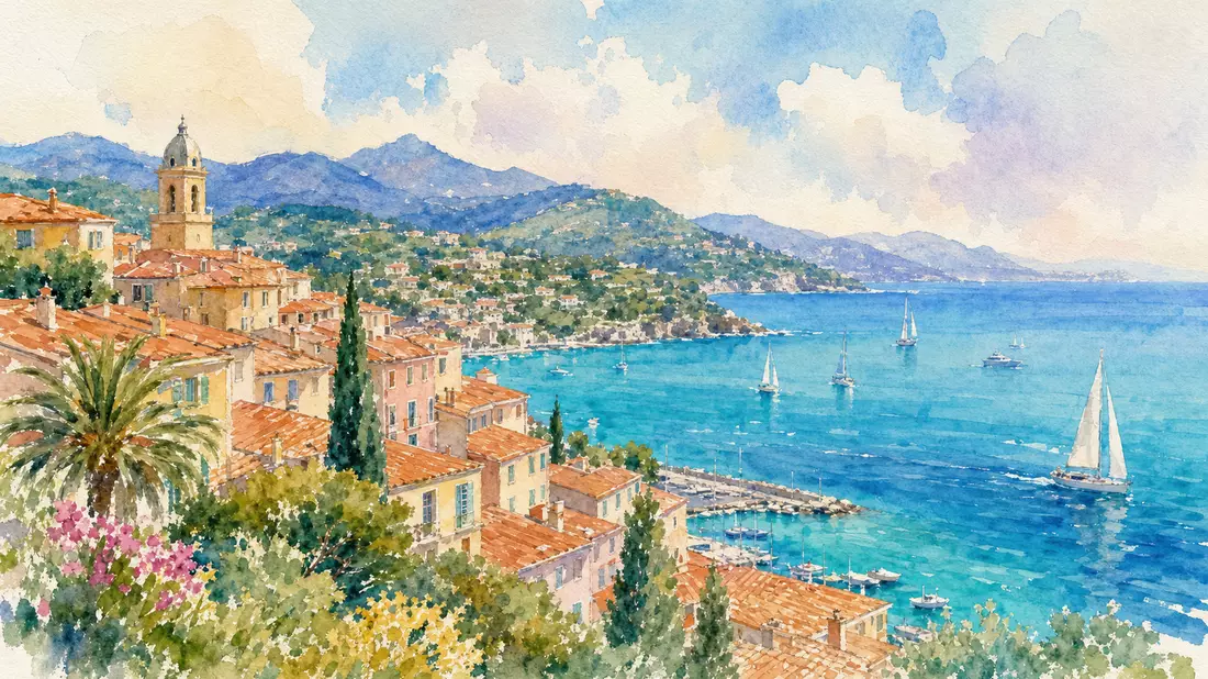 Aquarellansicht einer sonnigen südfranzösischen Küstenstadt mit Hügeln und Meer