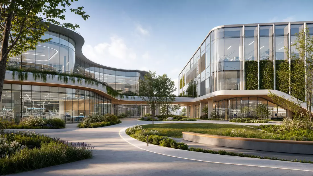 3D-Architekturvisualisierung eines modernen Forschungsgebäudes für Tiergesundheit
