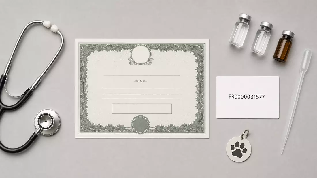 Flatlay mit Aktienzertifikat, ISIN-Karte und veterinärmedizinischen Gegenständen