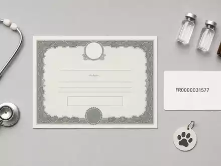 Flatlay-Arrangement mit Aktienzertifikat und ISIN-Karte repräsentiert Virbac S.A., FR0000031577, Sektor Tiergesundheit Utensilien - Foto: THN