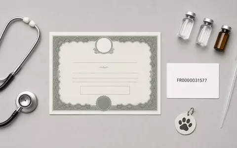 Flatlay-Arrangement mit Aktienzertifikat und ISIN-Karte repräsentiert Virbac S.A., FR0000031577, Sektor Tiergesundheit Utensilien - Foto: THN