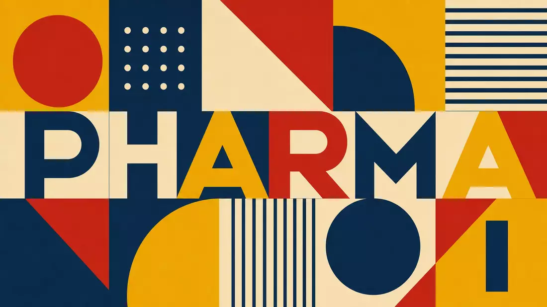 Geometrisches Bauhaus-Plakat mit dem Schriftzug PHARMA in kräftigen Farben