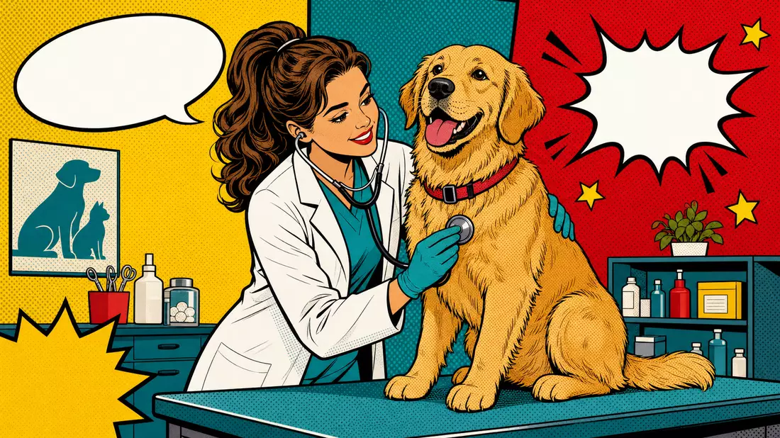 Bunte Pop-Art-Comicillustration eines Tierarztes mit Hund im Labor