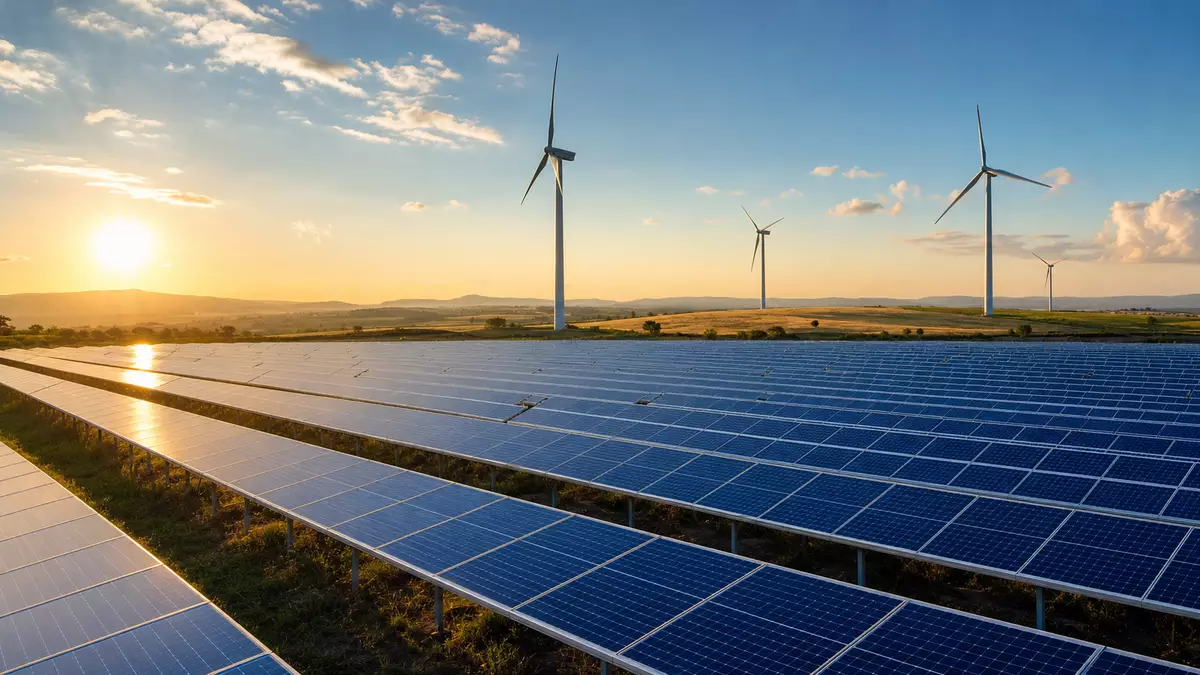 Solarpark und Windturbinen einer Anlage von Neoen S.A. bei Sonnenuntergang