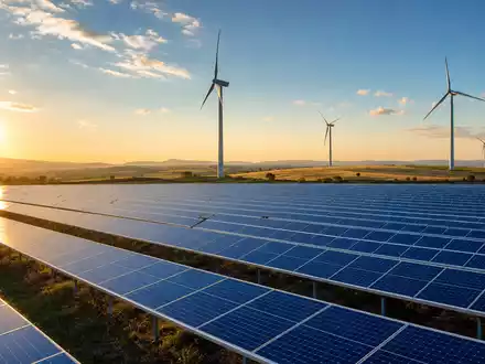 Fotorealistisches Bild zeigt Solarpark und Windräder von Neoen S.A., ISIN FR0011675362, unter weitem Himmel - Foto: THN