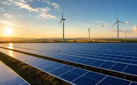 Fotorealistisches Bild zeigt Solarpark und WindrÀder von Neoen S.A., ISIN FR0011675362, unter weitem Himmel - Foto: THN