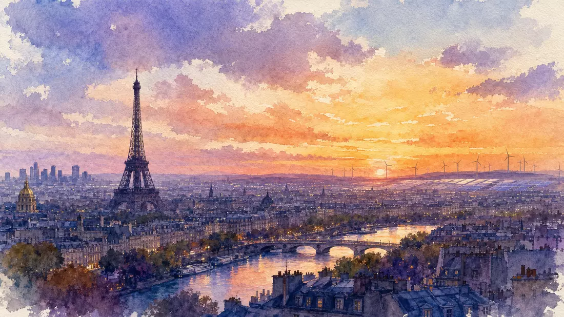 Aquarell-Illustration der Pariser Skyline mit Windrädern am Horizont