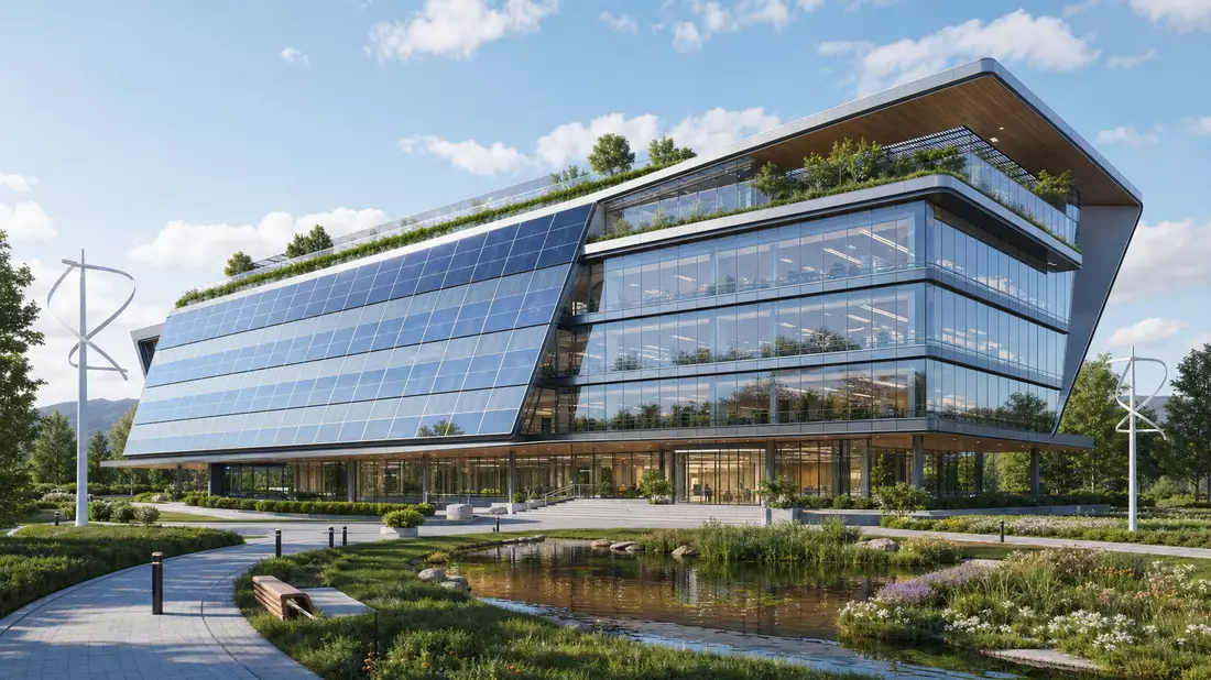 Architektur-Rendering eines modernen Glas-Bürogebäudes mit Solarfassade