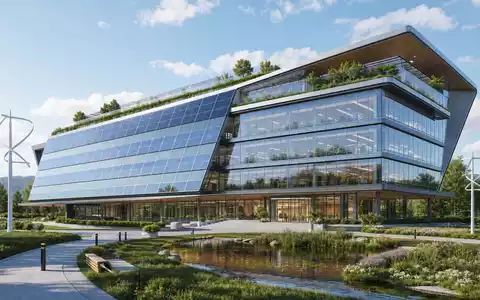 Architektonisches 3D-Render zeigt ein modernes Bürogebäude als Hauptsitz-Konzept für Neoen S.A., ISIN FR0011675362, mit Solarfassade - Foto: THN