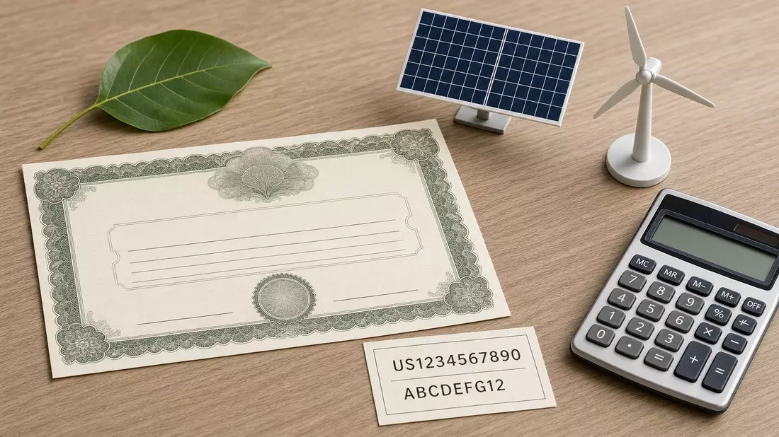Flatlay mit Aktienzertifikat, ISIN-Karte und Solarpanel-Modell auf Tisch