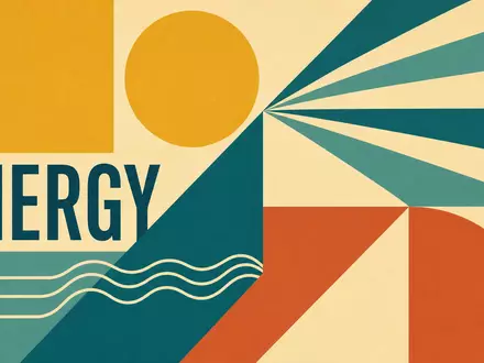 Bauhaus-Poster mit geometrischen Formen und Schriftzug ENERGY symbolisiert Erneuerbare Energien bei Neoen S.A., ISIN FR0011675362 - Foto: THN