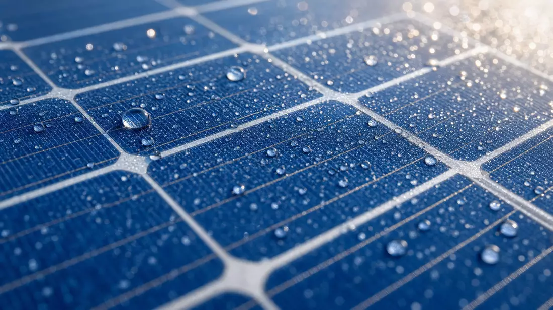 Makrofotografie einer Solarzelle mit Wassertropfen im Morgenlicht