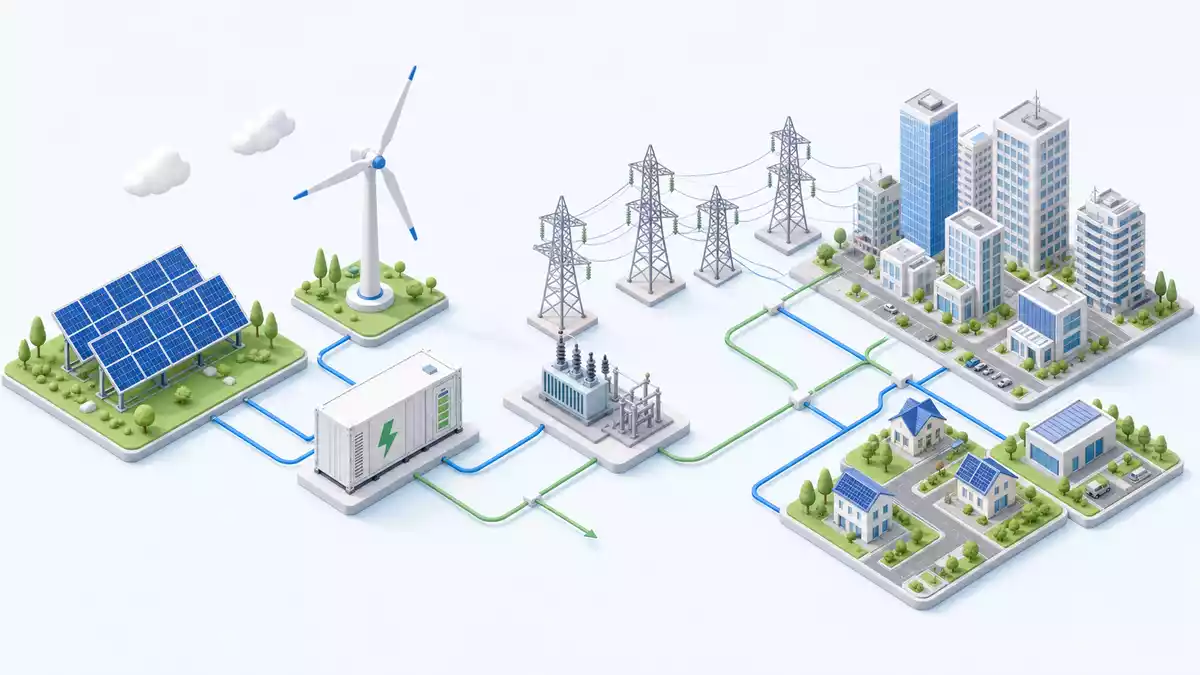 Isometrische 3D-Illustration der Energie-Wertschöpfungskette von Solar bis Netz