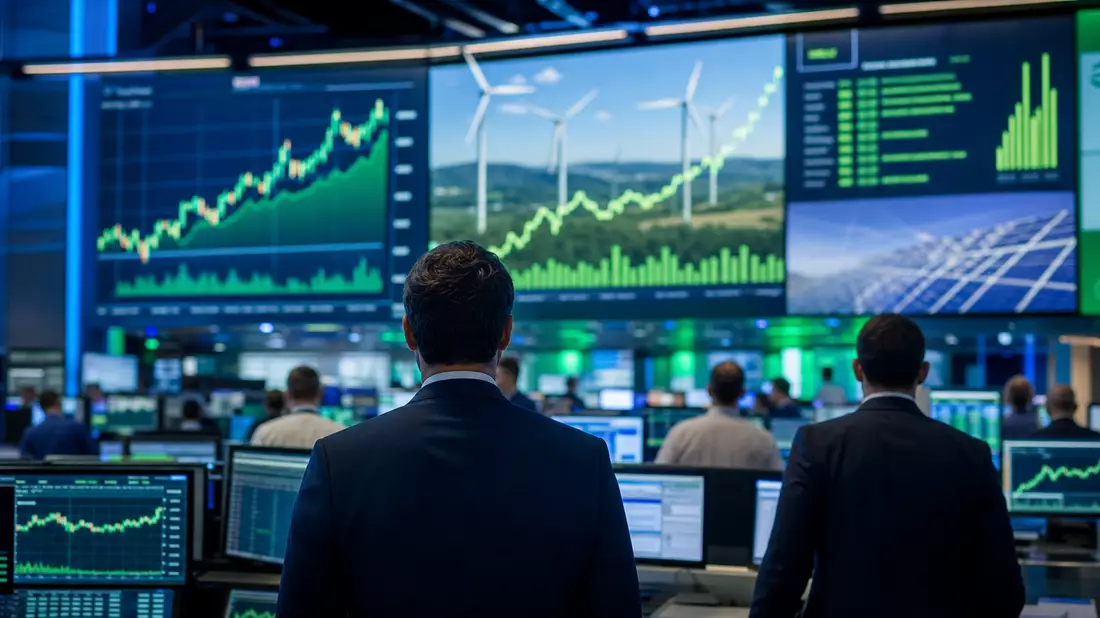 Editorial-Aufnahme eines Trading-Floors mit Energiesektor-Kurscharts