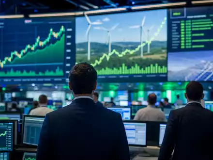Börsen-Editorial-Szene zeigt einen Trading-Floor mit Energie-Charts, thematisch verbunden mit Neoen S.A., ISIN FR0011675362 - Foto: THN