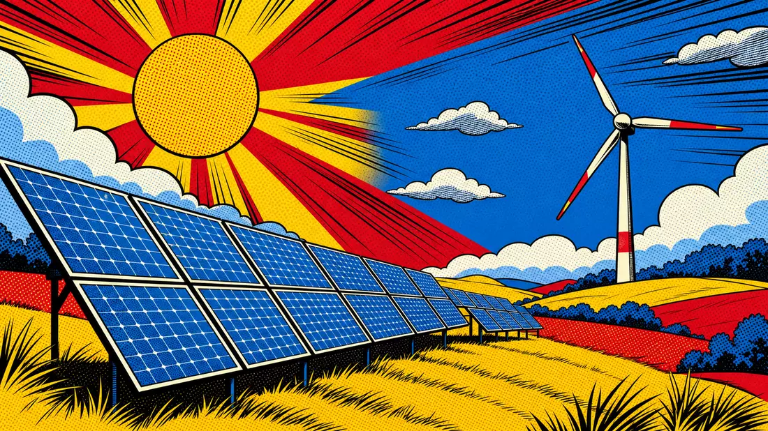 Pop-Art-Comic-Szene mit Solarpanels, Windrad und Sonnenstrahlen